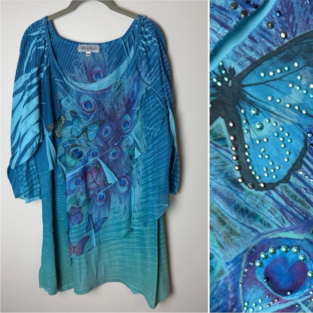 Closet Full Tunic Top or Dress Plus Size XXL 2XL 3/4 Sleeves Peacock Butterflies
